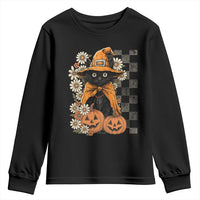 Boho Cat Wild Flowers Youth Sweatshirt Vintage Autumn Cozy Black Cat Pumpkin Halloween