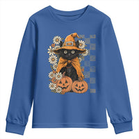Boho Cat Wild Flowers Youth Sweatshirt Vintage Autumn Cozy Black Cat Pumpkin Halloween