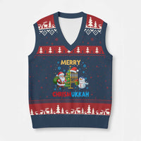 Merry Chrismukkah V-Neck Knit Sweater Vest Happy Xmas Hanukkah Jewish Santa Snowman - Wonder Print Shop