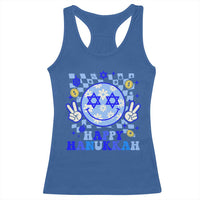 Happy Hanukkah Racerback Tank Top Groovy Star Of David Smile Face Chanukah Pajama - Wonder Print Shop