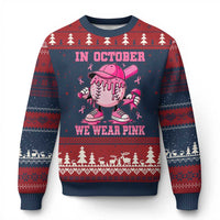Baseball Breast Cancer Ugly Christmas Sweater In October We Wear Pink Baseball Drip