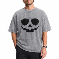 Pumpkin Face Washed Cotton T-Shirt Vintage Jack o Lantern Jackolantern Spooky Season Halloween