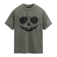 Pumpkin Face Washed Cotton T-Shirt Vintage Jack o Lantern Jackolantern Spooky Season Halloween