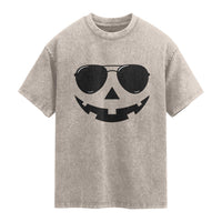 Pumpkin Face Washed Cotton T-Shirt Vintage Jack o Lantern Jackolantern Spooky Season Halloween