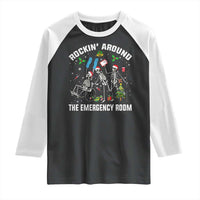 Christmas ER Nurse Raglan Shirt Rockin Around Skeleton Emergency Room RN - Wonder Print Shop