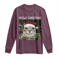 Meowy Christmas Long Sleeve Shirt Xmas Silly Staring Cat Meme Santa Hat - Wonder Print Shop