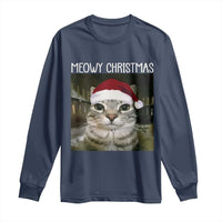 Meowy Christmas Long Sleeve Shirt Xmas Silly Staring Cat Meme Santa Hat - Wonder Print Shop