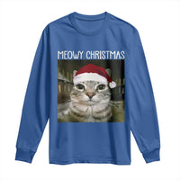 Meowy Christmas Long Sleeve Shirt Xmas Silly Staring Cat Meme Santa Hat - Wonder Print Shop