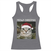 Meowy Christmas Racerback Tank Top Xmas Silly Staring Cat Meme Santa Hat - Wonder Print Shop