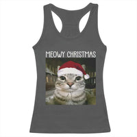 Meowy Christmas Racerback Tank Top Xmas Silly Staring Cat Meme Santa Hat - Wonder Print Shop