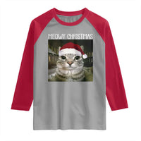 Meowy Christmas Raglan Shirt Xmas Silly Staring Cat Meme Santa Hat - Wonder Print Shop
