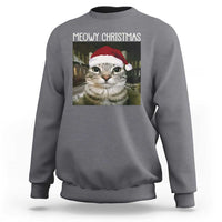 Meowy Christmas Sweatshirt Xmas Silly Staring Cat Meme Santa Hat - Wonder Print Shop