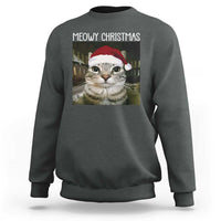 Meowy Christmas Sweatshirt Xmas Silly Staring Cat Meme Santa Hat - Wonder Print Shop