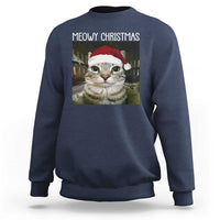 Meowy Christmas Sweatshirt Xmas Silly Staring Cat Meme Santa Hat - Wonder Print Shop