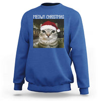 Meowy Christmas Sweatshirt Xmas Silly Staring Cat Meme Santa Hat - Wonder Print Shop