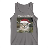 Meowy Christmas Tank Top Xmas Silly Staring Cat Meme Santa Hat - Wonder Print Shop