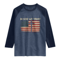 Christian USA Flag Raglan Shirt American Christ Faith Cross Patriotic In God We Trust