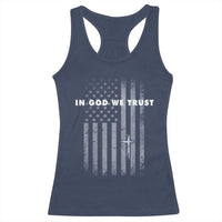 USA Flag Religious Quote Racerback Tank Top In God We Trust American Patriotic Faith 4th of July Cross