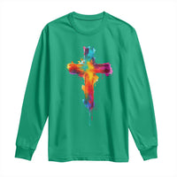 Faith Cross Long Sleeve Shirt Christian Believe Blessed By God Colorful Watercolor Graphic