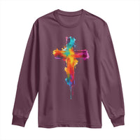 Faith Cross Long Sleeve Shirt Christian Believe Blessed By God Colorful Watercolor Graphic