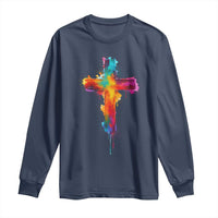 Faith Cross Long Sleeve Shirt Christian Believe Blessed By God Colorful Watercolor Graphic