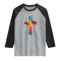 Faith Cross Raglan Shirt Christian Believe Blessed By God Colorful Watercolor Graphic