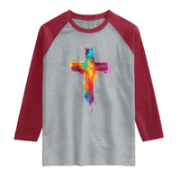 Faith Cross Raglan Shirt Christian Believe Blessed By God Colorful Watercolor Graphic