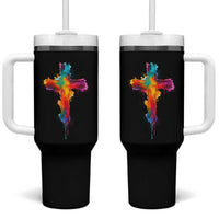 Faith Cross Tumbler With Handle Christian Believe Blessed By God Colorful Watercolor Graphic