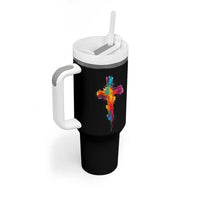 Faith Cross Tumbler With Handle Christian Believe Blessed By God Colorful Watercolor Graphic