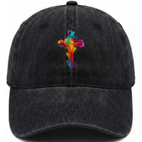 Faith Cross Washed Cotton Baseball Cap Christian Believe Blessed By God Colorful Watercolor Graphic