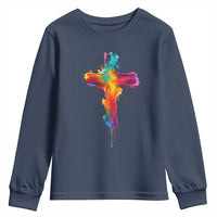 Faith Cross Youth Sweatshirt Christian Believe Blessed By God Colorful Watercolor Graphic