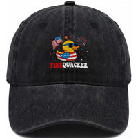 Funny July 4th Washed Cotton Baseball Cap Patriotic Duck Firequacker American Flag