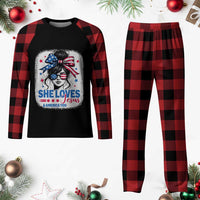 She Loves Jesus And America Too Plaid Pajama Set Christian 4th of July Messy Bun Flag - Wonder Print Shop