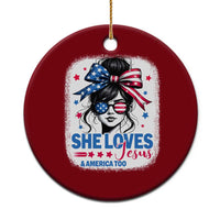 She Loves Jesus And America Too Ceramic Ornament Christian 4th of July Messy Bun Flag - Wonder Print Shop