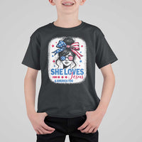 She Loves Jesus And America Too T Shirt For Kid Christian 4th of July Messy Bun Flag - Wonder Print Shop