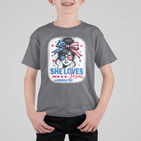 She Loves Jesus And America Too T Shirt For Kid Christian 4th of July Messy Bun Flag - Wonder Print Shop