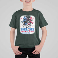 She Loves Jesus And America Too T Shirt For Kid Christian 4th of July Messy Bun Flag - Wonder Print Shop