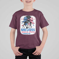 She Loves Jesus And America Too T Shirt For Kid Christian 4th of July Messy Bun Flag - Wonder Print Shop