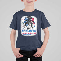 She Loves Jesus And America Too T Shirt For Kid Christian 4th of July Messy Bun Flag - Wonder Print Shop