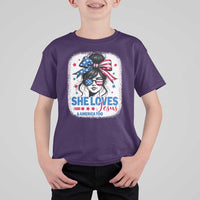 She Loves Jesus And America Too T Shirt For Kid Christian 4th of July Messy Bun Flag - Wonder Print Shop