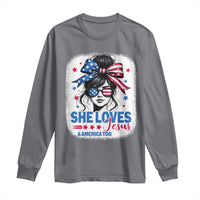 She Loves Jesus And America Too Long Sleeve Shirt Christian 4th of July Messy Bun Flag - Wonder Print Shop