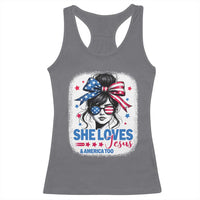 She Loves Jesus And America Too Racerback Tank Top Christian 4th of July Messy Bun Flag - Wonder Print Shop