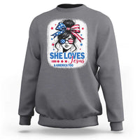 She Loves Jesus And America Too Sweatshirt Christian 4th of July Messy Bun Flag - Wonder Print Shop