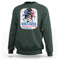 She Loves Jesus And America Too Sweatshirt Christian 4th of July Messy Bun Flag - Wonder Print Shop
