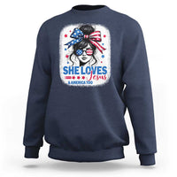 She Loves Jesus And America Too Sweatshirt Christian 4th of July Messy Bun Flag - Wonder Print Shop
