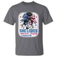 She Loves Jesus And America Too T Shirt Christian 4th of July Messy Bun Flag - Wonder Print Shop