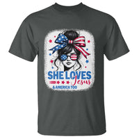 She Loves Jesus And America Too T Shirt Christian 4th of July Messy Bun Flag - Wonder Print Shop