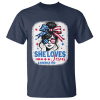 She Loves Jesus And America Too T Shirt Christian 4th of July Messy Bun Flag - Wonder Print Shop