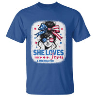 She Loves Jesus And America Too T Shirt Christian 4th of July Messy Bun Flag - Wonder Print Shop