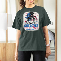 She Loves Jesus And America Too T Shirt For Women Christian 4th of July Messy Bun Flag - Wonder Print Shop